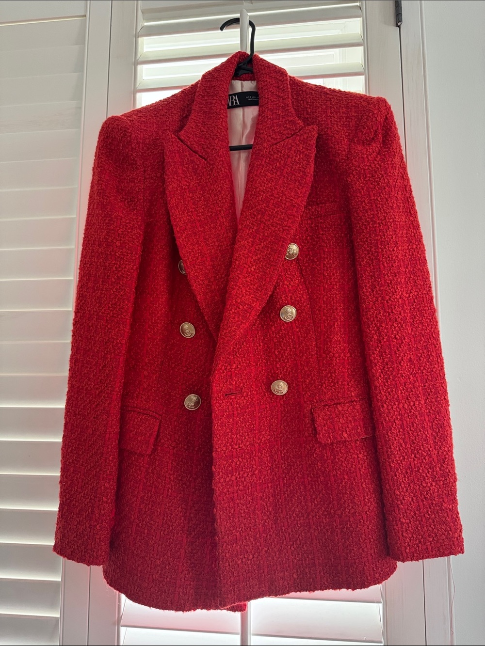 Zara Red Textured Double-Breasted Blazer with Gold Buttons